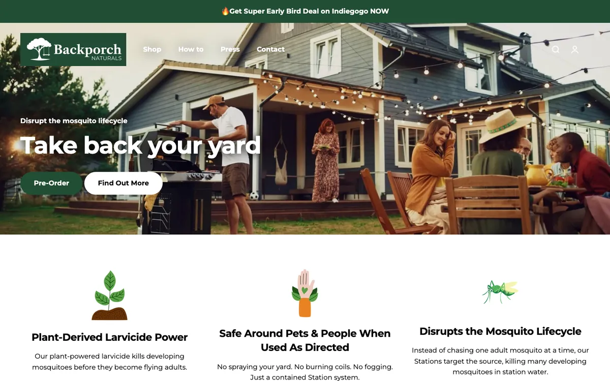 backporchnaturals.com — Indiegogo announcement bar, “Take back your yard”, and a Pre-Order button that leaves the site