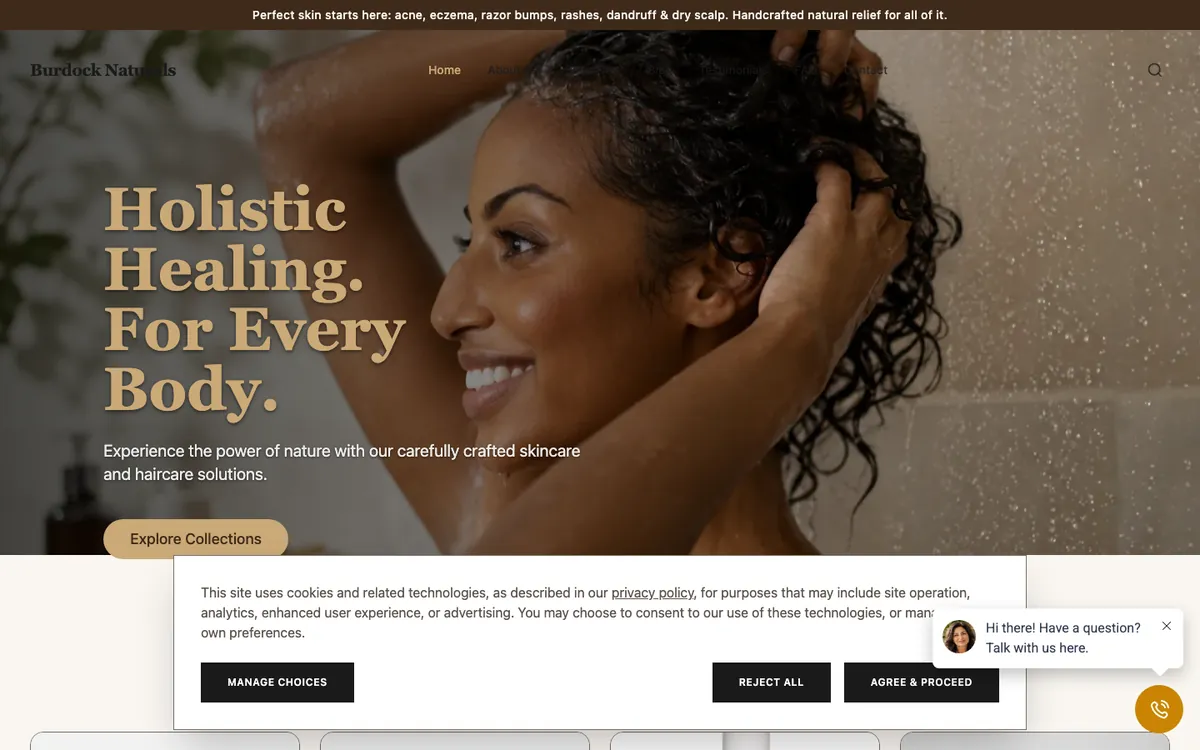 burdocknaturals.com — as it loads today: cookie banner, chat bubble and a 10%-off modal within seconds