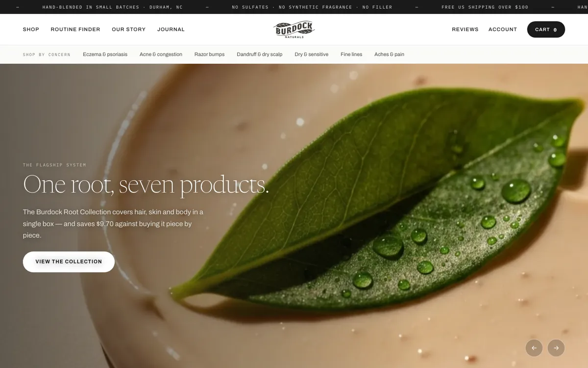 New storefront — opens on the product, one headline, a concern bar under the nav