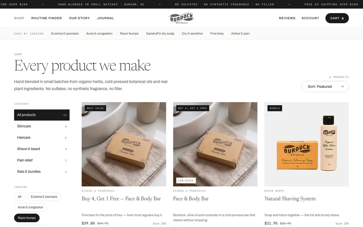 After — All eighteen products, filters by concern and category, live counts