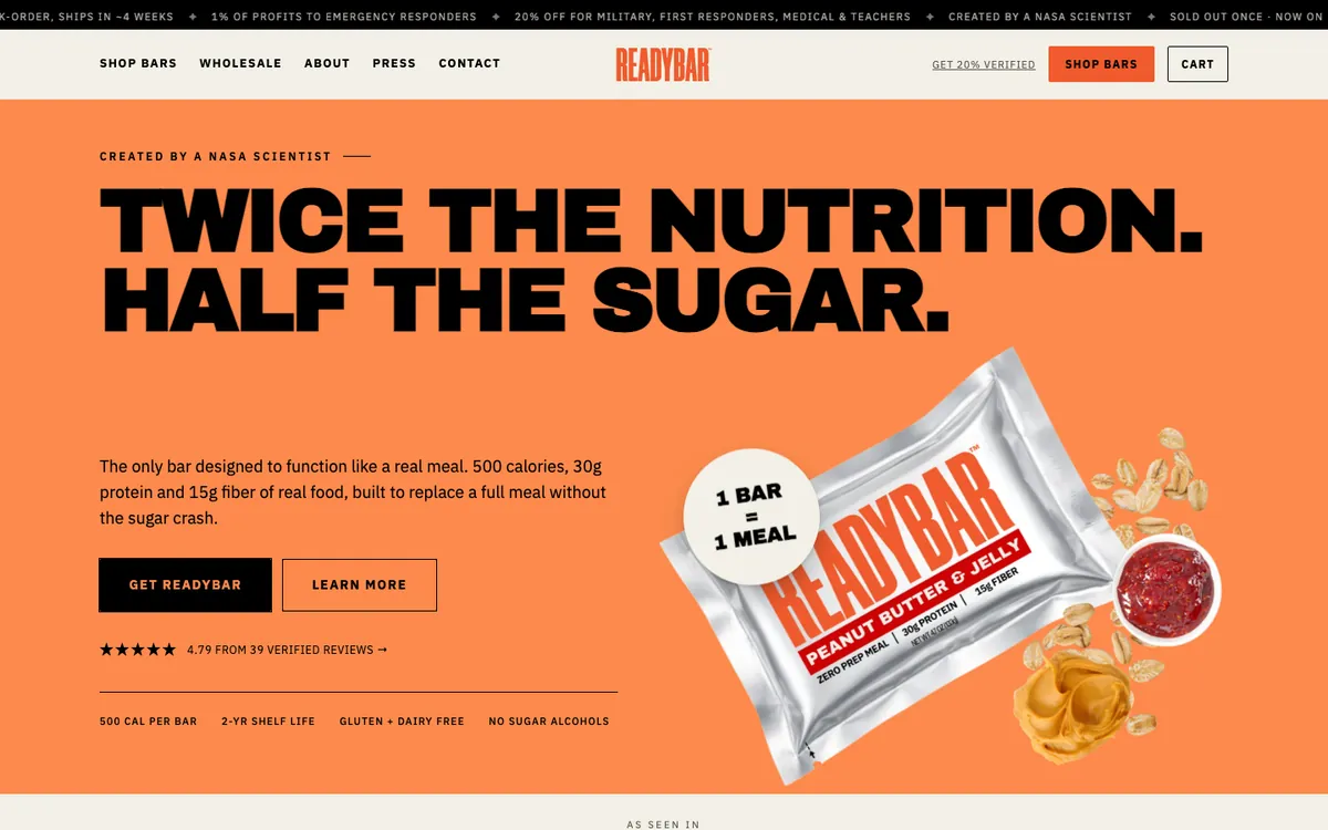 New Shopline storefront — “Twice the nutrition. Half the sugar.” with two ranked CTAs, rating and proof chips