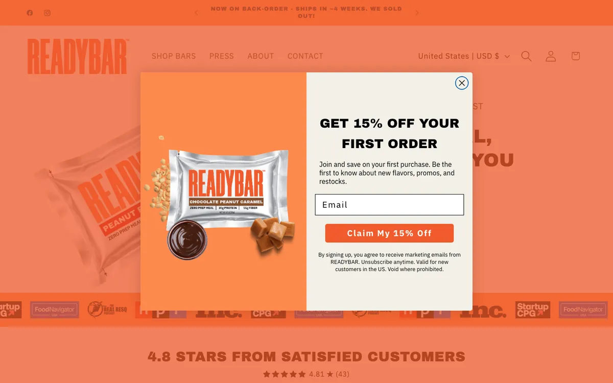 getreadybar.com — as it loads: the 15%-off modal over a hero that reads “A real meal, wherever you go”