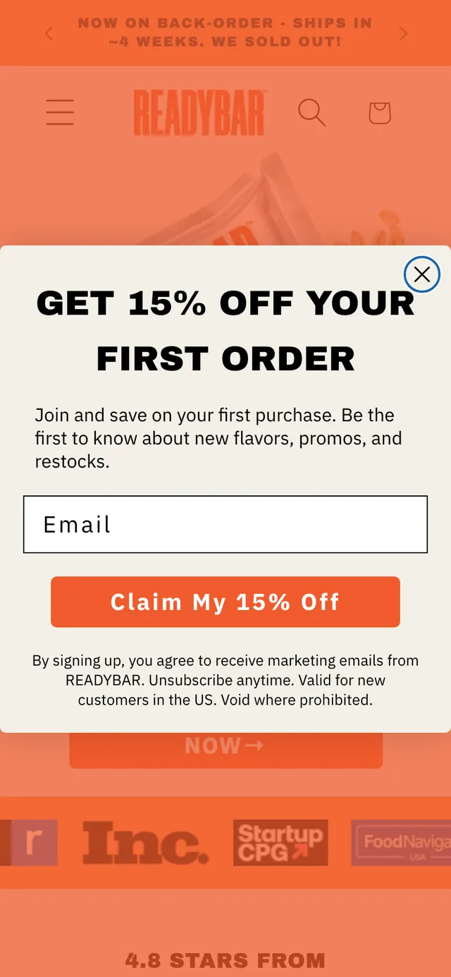 READYBAR — current storefront on mobile