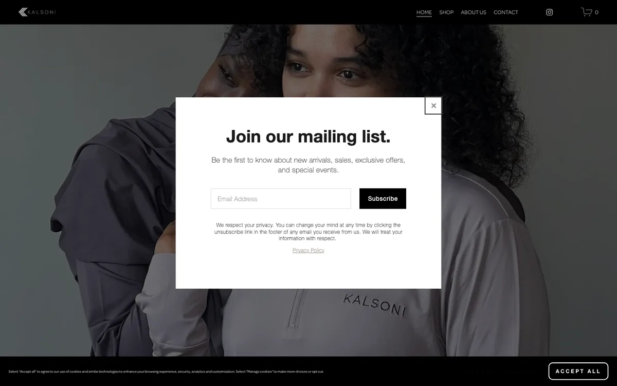 kalsoni.com — as it loads: a mailing-list modal over the hero, a cookie banner across the bottom