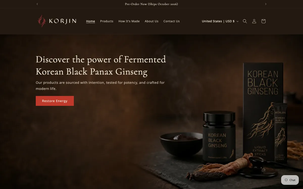 korjin.com — Shopify Dawn on a dark oxblood ground, announcement bar rotating “Pre-Order Now (Ships October 2026)” and “Free Shipping Available”
