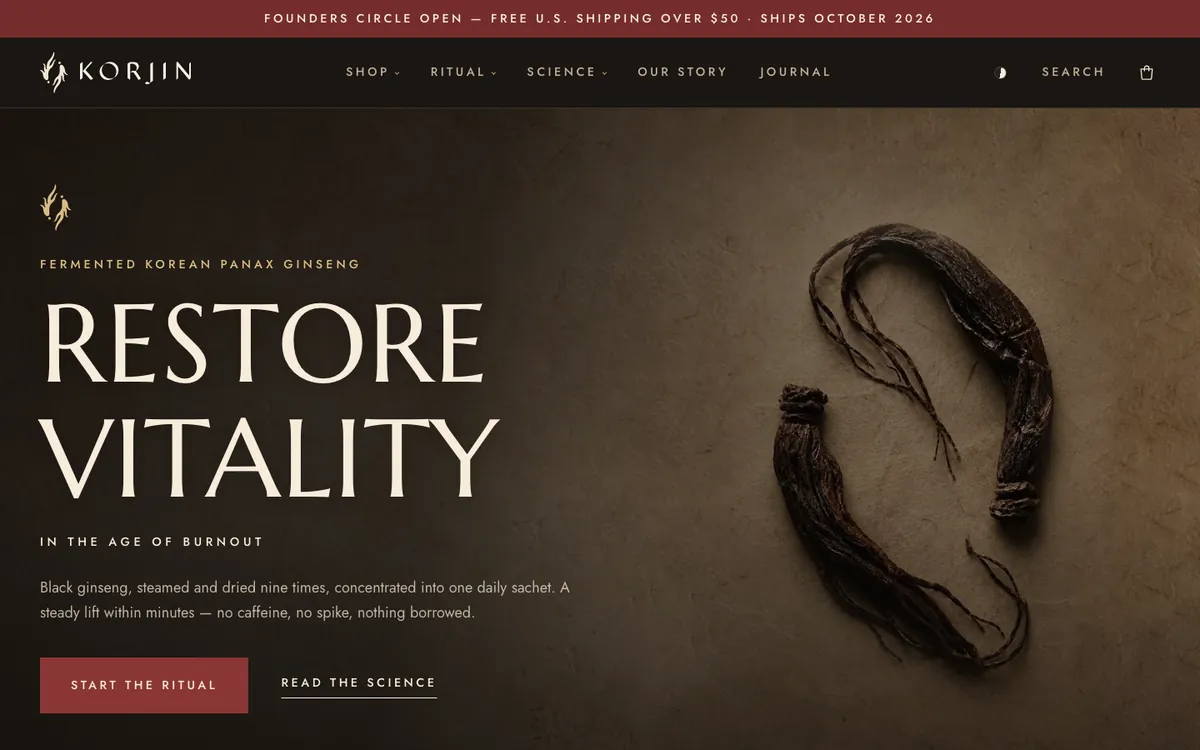 Proposed storefront, dark-led ground — a full-bleed root photograph, oxblood and gold over the brand guide's Neutral Black; the 30-day three-phase course organises everything below it