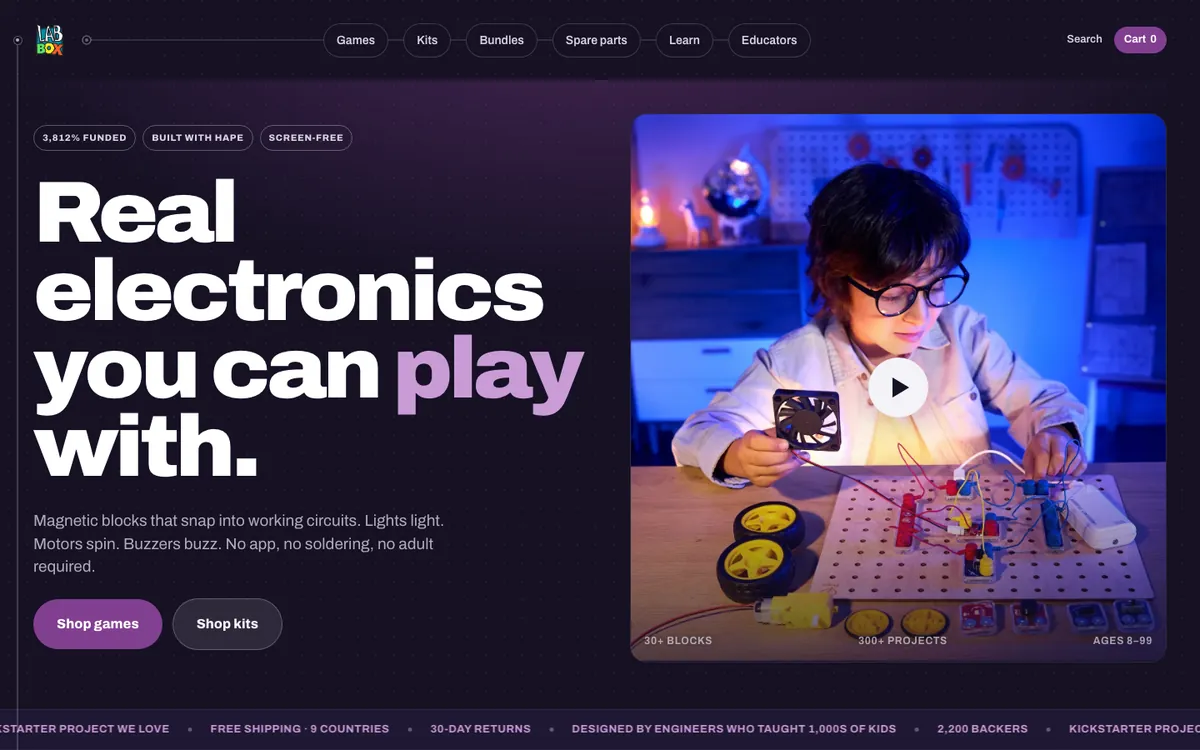 New Shopline storefront — “Real electronics you can play with.”, Shop games / Shop kits, and the Kickstarter and Hape proof in the first screen