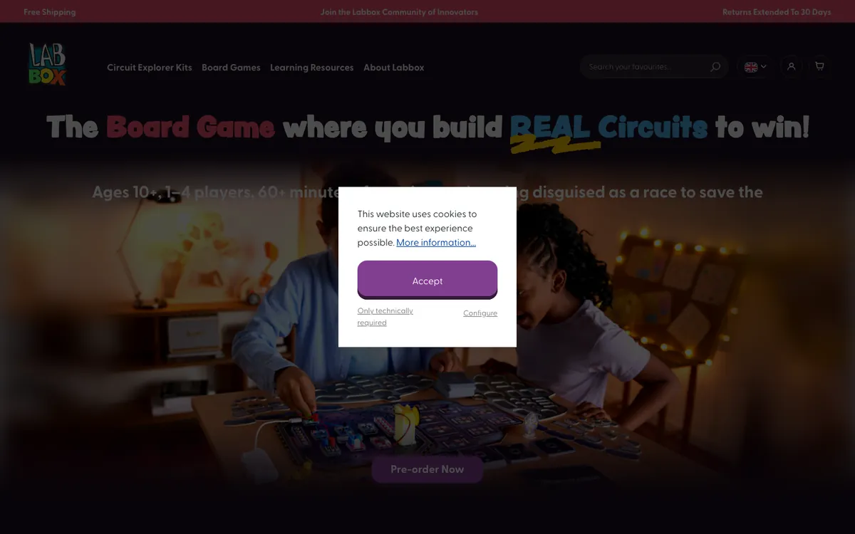 labbox.education — as it loads: a cookie modal over a hero selling a board game this store doesn't stock
