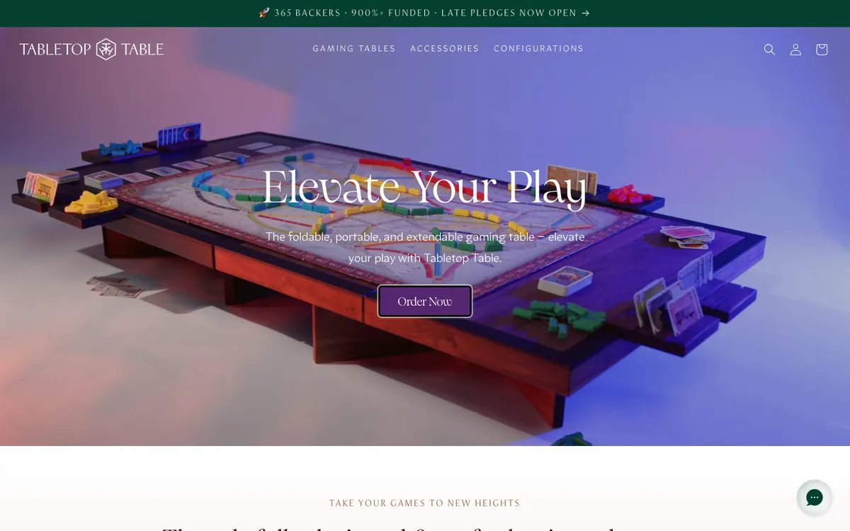 tabletoptable.com — the first screen: a late-pledges bar, “Elevate Your Play” over the table, and one Order Now button (a Klaviyo pop-up covers it a few seconds later)